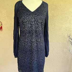Lilly Pulitzer Navy Blue Long, mesh Sleeve Dress, silver glitter design Size 8